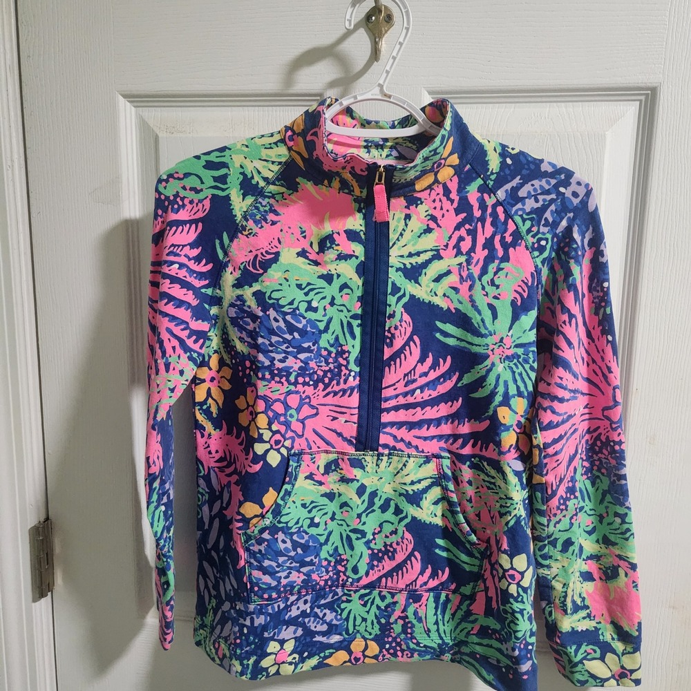 Lilly Pulitzer Skipper Popover Half Zip Sweatshirt Navy Tropical Floral XL